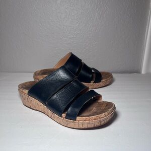 Kork Ease Menzie Wedge Strappy Slide Sandals Cork Black Leather
